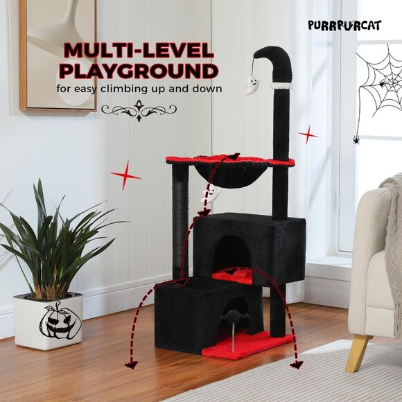 New 45in Gothic Cat Tree with 2 Condos, Hammock, Toys & Scratching Posts – Black - Picture 2 of 8